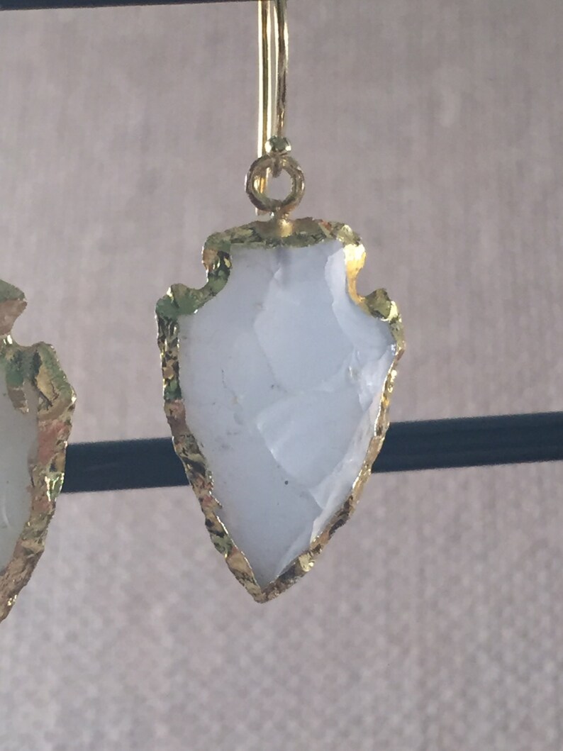 Gold Vermeil White Agate Arrowhead Hook Wire Earrings Electroplated