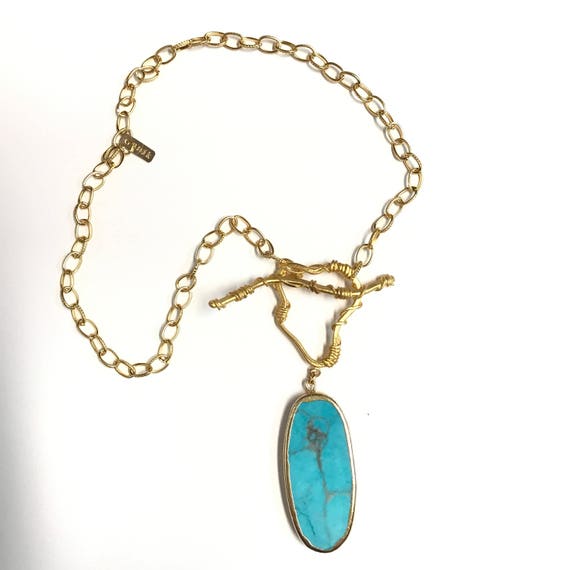 Turquoise Pendant Necklace, 22K Gold Plated Oval Link Texture Chain, 24K Gold Plated Toggle Clasp, 24" Long 