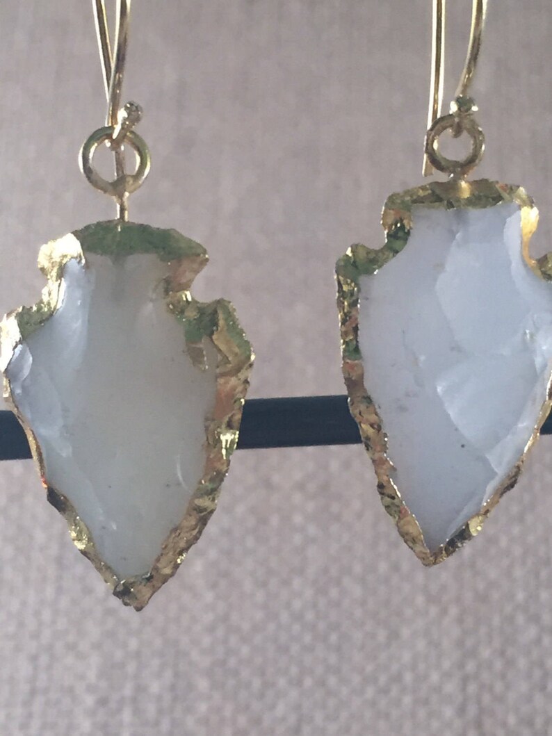 Gold Vermeil White Agate Arrowhead Hook Wire Earrings Electroplated