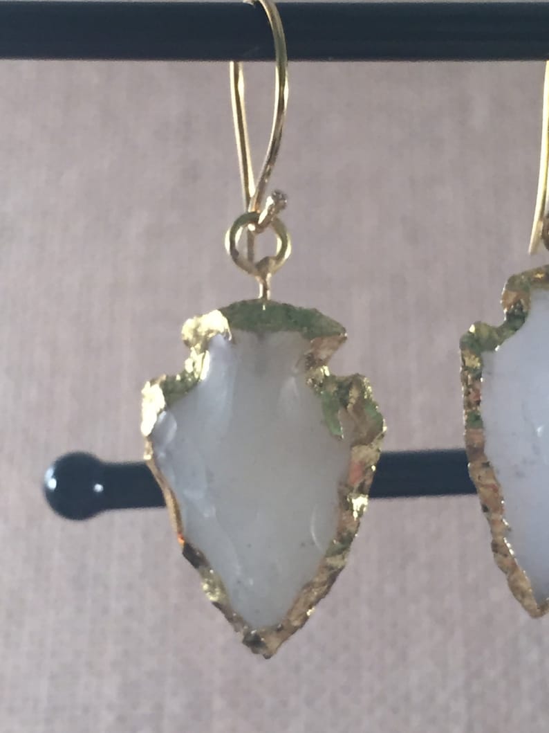 Gold Vermeil White Agate Arrowhead Hook Wire Earrings Electroplated
