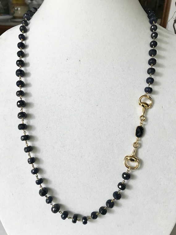 Sapphire Beaded Necklace, Gold Snaffle Bit & Sapphire Connector, Double Wrapped , 24K Gold Plated, Toggle Clasp, 34" Long