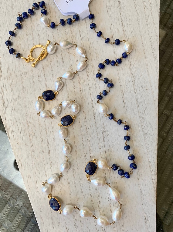 Pearl & Sapphire Long Necklace