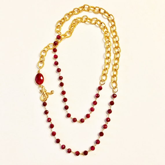Ruby and Gold Link Chain Necklace, Ruby Bezel Connector, Double Wrap Necklace, 22K Gold Plated Toggle Clasp, 36" Long