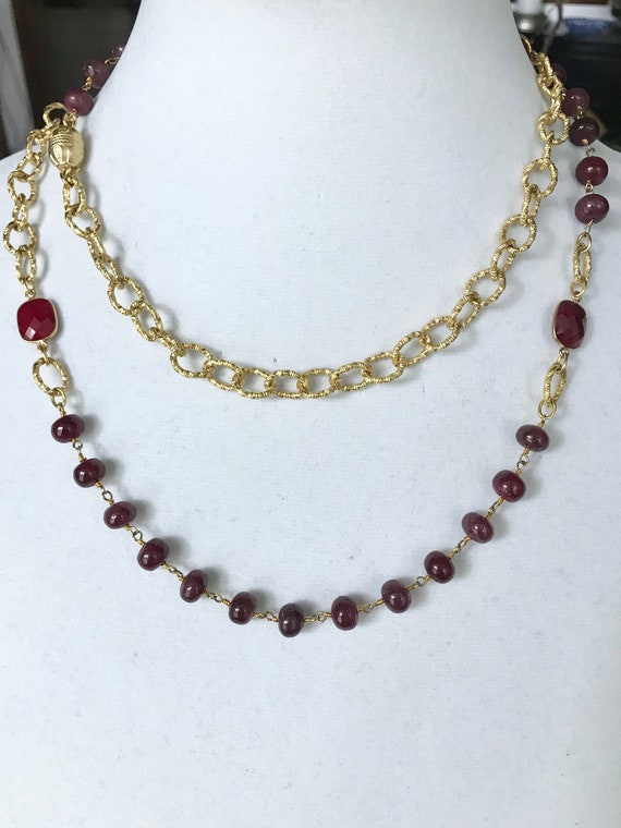 Ruby Necklace, Ruby and Gold Texture Chain Necklace, Long Necklace, Double Wraped Necklace, 24K Gold Plated, Gold Magnet Clasp, 40" Long