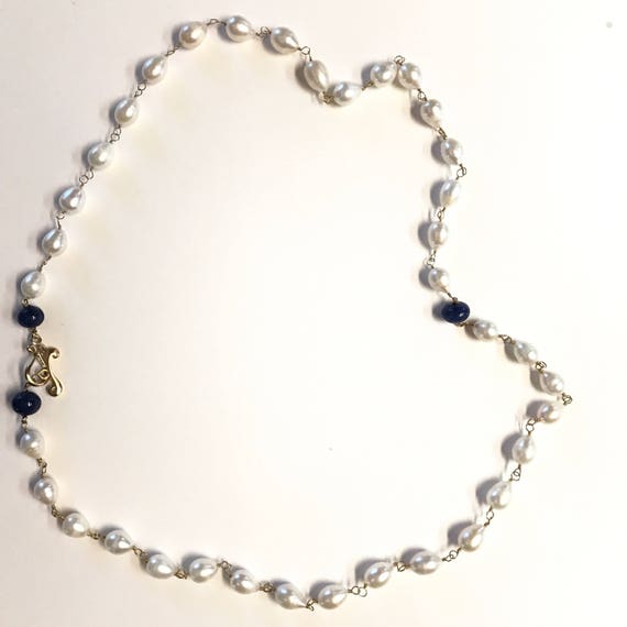 Pearl Necklace, Baroque Pearl Necklace with Sapphire Beads, Double Wrap, 22K Gold Plated Toggle Clasp, 34" Long