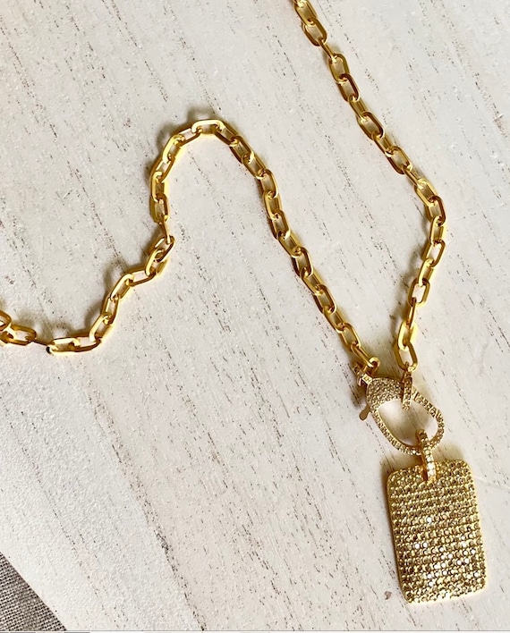 Pave Pendant Necklace, Tag Pendant, Pave Lobster Clasp, Gold Link Chain. Lenght 18"