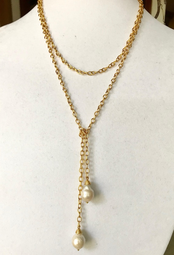 Lariat, Pearl Lariat,  Baroque Pearl Gold Lariat, Drop Pearl, Rolo Chain, 22K Gold Plate, 48" long