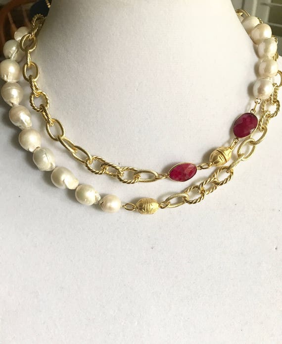 Pearl Necklace, Baroque Pearl Necklace, Big Drop Pearl Necklace, Pearl & Ruby Necklace, Double Wrap Necklace, 22K Gold Plated, 40" Long