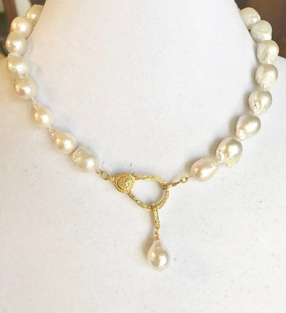 Baroque Pearl Pendant Necklace, 10 mm to 20 mm Freshwater Baroque Large Pearl Necklace, Diamond Clasp, Baroque Pearl Drop Pendant, 21" Long