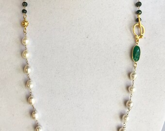 Pearl and Emerald Necklace, Freshwater Baroque Pearl , Long Necklace, Wrapped Necklace, Bezel Emerald Connector, Toggle Clasp, 35" Long