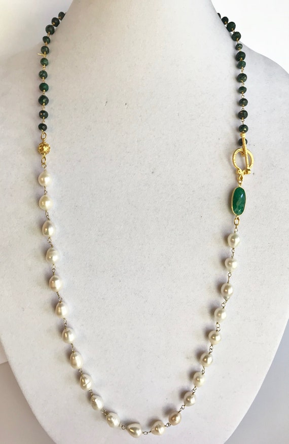 Pearl and Emerald Necklace, Freshwater Baroque Pearl , Long Necklace, Wrapped Necklace, Bezel Emerald Connector, Toggle Clasp, 35" Long