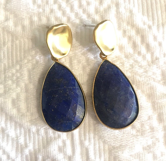 Lapis Lazuli Earrings, Tear Drop Earrings, Gold Post Earrings, Dangle Earrings,1.5" Total Length