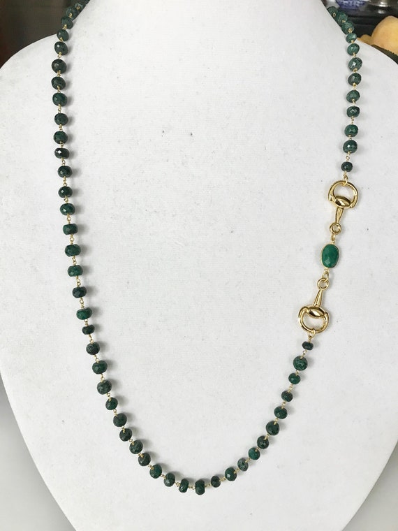 Emerald Necklace, Emerald & Gold Snaffle Bit Connector,  Long Necklace, Double Wrapped Necklace, 24K Gold Plated,Toggle Clasp, 36" Long