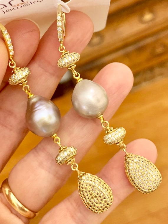 Baroque Pearl Earrings, Baroque Pearl, Pave Earrings, Long Dangling Earrings, Statement Earrings, Bridal Earrings, Drop Pendant, Gray Pearl