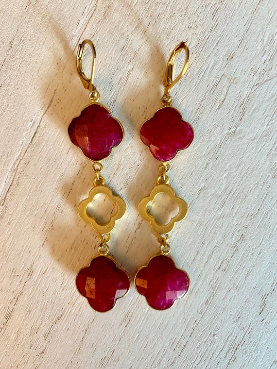 Ruby Earrings with Clover Shape Charms, 22k Gold Plated, Leverback, 3 Inches Lenght.