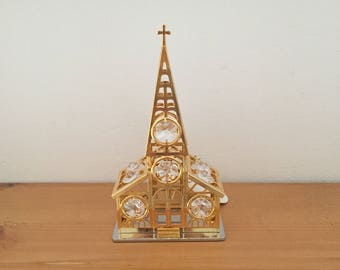 Vintage 24K GP Sparkly Austrian Crystal Church Figurine