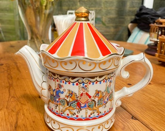 Théière carrousel édouardienne Sadler vintage des années 1980 avec couvercle d'origine de couleur correcte