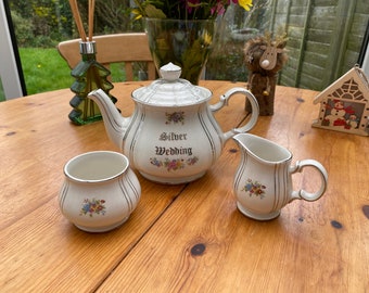 Vintage Sadler Silver Wedding Anniversary Teapot, Creamer and Sugar Bowl Set from 1950s