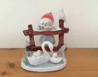 Vintage Ceramic German Girl Figurine with Bird on Fence