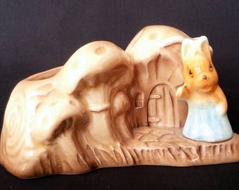 Vintage SylvaC Woodland Rabbit and Mushroom Log House Posy Vase from 1950s - Pattern 4890