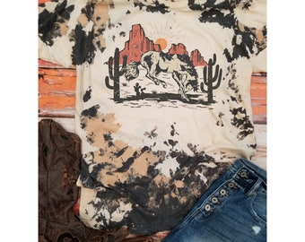 Bucking horse cowhide bleached vintage shirt | western tshirt for women