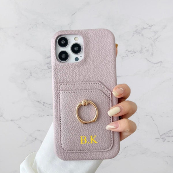 Personalized Gold Embossed Initial Custom Monogram Leather Card Wallet Ring Holder iPhone 15 Case iPhone 14 13 12 11 Pro Max Bridesmaid Gift