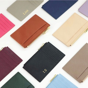 Porte-cartes de crédit monogramme personnalisé en cuir saffiano carte personnalisée porte-monnaie enveloppe carte poche zippée cadeau de demoiselle d'honneur cadeau pour lui elle