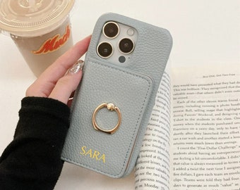Personalized Gold Initial Wallet Card Holder Leather Phone Case iPhone 15 iPhone 14 13 12 11 Pro Max Custom Ring Holder Case Gift For Her