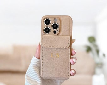 Dainty Leather phone case for iPhone 17 16 15 14 13 Pro Max with card holder Personalized Phone Initial Embossed Monogram/ Best friend Gift