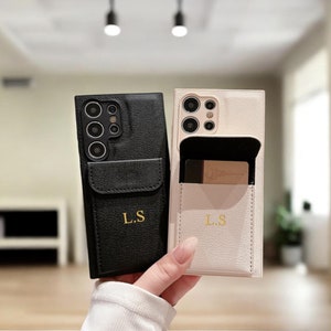 Capa de couro personalizada para celular com porta-cartões S24 S23 S22 S21 Ultra S24 S23 S22 S21 Plus Presente inicial personalizado gravado para ela e ele