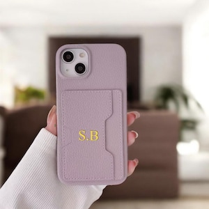 Tarjetero de cuero con monograma inicial personalizado en relieve dorado, funda para iPhone 15, iPhone 14, 13, 12 y 11 Pro Max, regalo para dama de honor