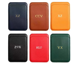 Personalized Gold Monogram Initials Magnetic Leather MagSafe Card Holder Case iPhone Custom Wireless Charging Personalised Gift For Her Him