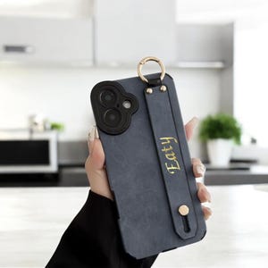 Personalized Gold Initial Embossed Engraved Suede Leather Strap Holder iPhone 16 15 14 13 12 11 Pro Max Custom Name Gift For Her Him