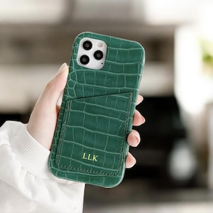 Zierliche Leder Handyhülle für iPhone 16 15 14 13 Pro Max mit Kartenhalter / personalisiertes Monogramm / Geschenk für den besten Freund / bester Freund