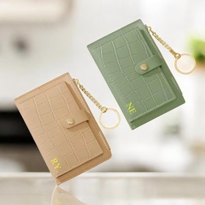 Gepersonaliseerde monogram creditcardhouder lederen aangepaste kaart portemonnee portemonnee krokodillenleer kaart ritsvak bruidsmeisje cadeau cadeau voor hem/haar