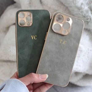 Personalized Initial Suede Leather iPhone Case For iPhone 16e 15 14 13 12 11 Pro Max ,Custom Monogram Embossed Phone Case Gift For Her Him