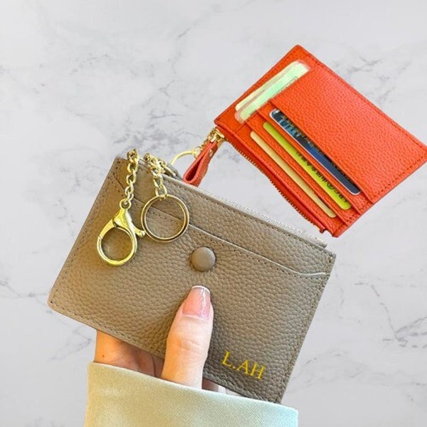 Porte-cartes de crédit monogramme personnalisé en cuir carte personnalisée porte-monnaie enveloppe carte en cuir poche zippée cadeau de demoiselle d'honneur cadeau pour lui elle