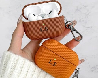 Personalized Engraved Initials Monogram Stripe Leather Airpod Case | Custom AirPod 3 Case Keychain | Gift Idea For Him Her Airpod Pro 2