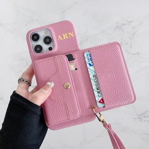 Cartera con correa de cuero con monograma grabado personalizado con inicial dorada para tarjetas, iPhone 16, 15, iPhone 14, 13, 12, 11 Pro Max, regalo para ella