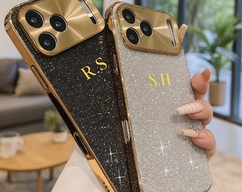 Funda de cuero electrochapada con purpurina dorada personalizada para iPhone 17, 16, 15, 14, 13, 12 y 11 Pro Max, regalo protector con monograma grabado personalizado para ella