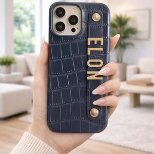 Luxury Personalized Gold Letters 3D Embossed iPhone 17 16 15 iPhone 14 Pro Max 13 12 11 Pro Max Monogram Custom Name Croc Leather Case Strap