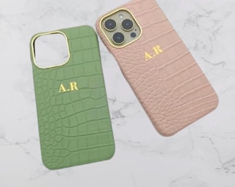 Luxury Personalized Croc Vegan Leather Gold Initial Letters iPhone 15 Phone Case iPhone 14 13 12 11 Pro Max Custom Monogram Gift For Her Him