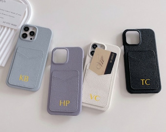 Personalized iPhone Case with Card Holder for iPhone 15 Pro, 14 13 12 11 Pro Max,Custom Monogram Leather Phone Case, Custom Gift For Her Him