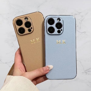 Personalized Gold Initial Leather Custom Monogram Name Engraving Electroplated Protective iPhone 15 iPhone 14 13 12 11 Pro Max iPhone XR