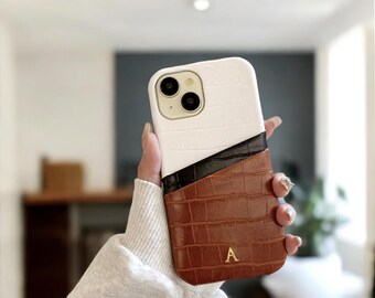 Dainty Croc Leather phone case for iPhone 16 15 14 13 Pro Max Card holder Personalized Phone Cases Initial Embossed Monogram, Gift For Her