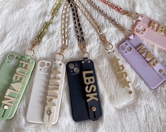 Personalized Gold Name 3D Embossed Monogram Custom Chain Lanyard Strap Silicone Phone Case iPhone 17 16 15 14 13 12 11 Pro Max Gift For Her