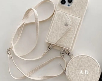 Personalized Leather Crossbody Airpod Case iPhone 15 iPhone 14 13 12 11 Pro Max Custom Embossed Initial Card Holder With Strap Gift For Her