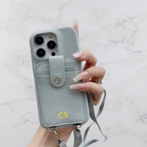 Personalized Gold Embossed Initial Vegan Leather Crossbody Card Holder iPhone 15  iPhone 14 13 12 11 Pro Max Custom Bridesmaid Gift For Her