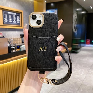 Personalized Leather Case Embossed Initial Card Holder Wallet With Strap iPhone 15 iPhone 14 13 12 11 Pro Max Custom Engraved Gift For Her
