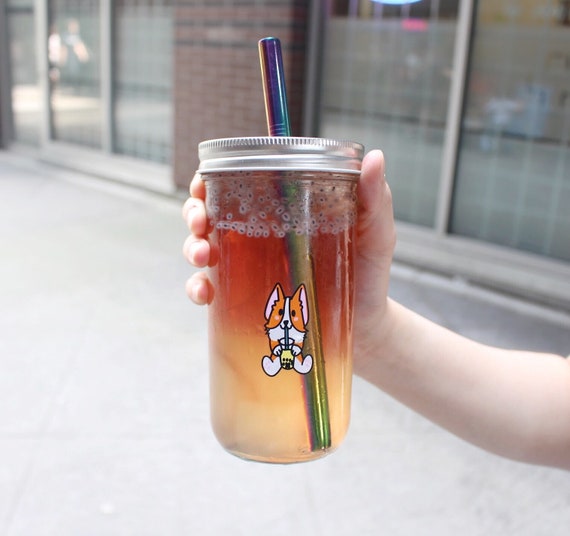 reusable glass boba cup w/ straw